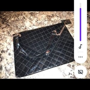 Kardashian Kollection Black Quilted Laptop Tote with Gold Chain
